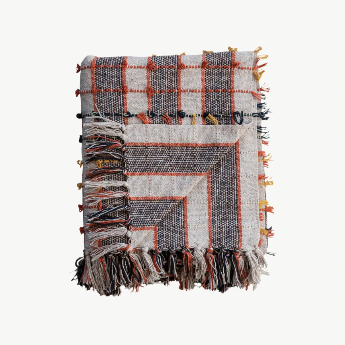 Plaid Multi Color Woven Cotton Throw with Fringe