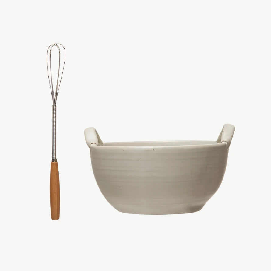 Stoneware Bowl with Wood and Metal Whisk
