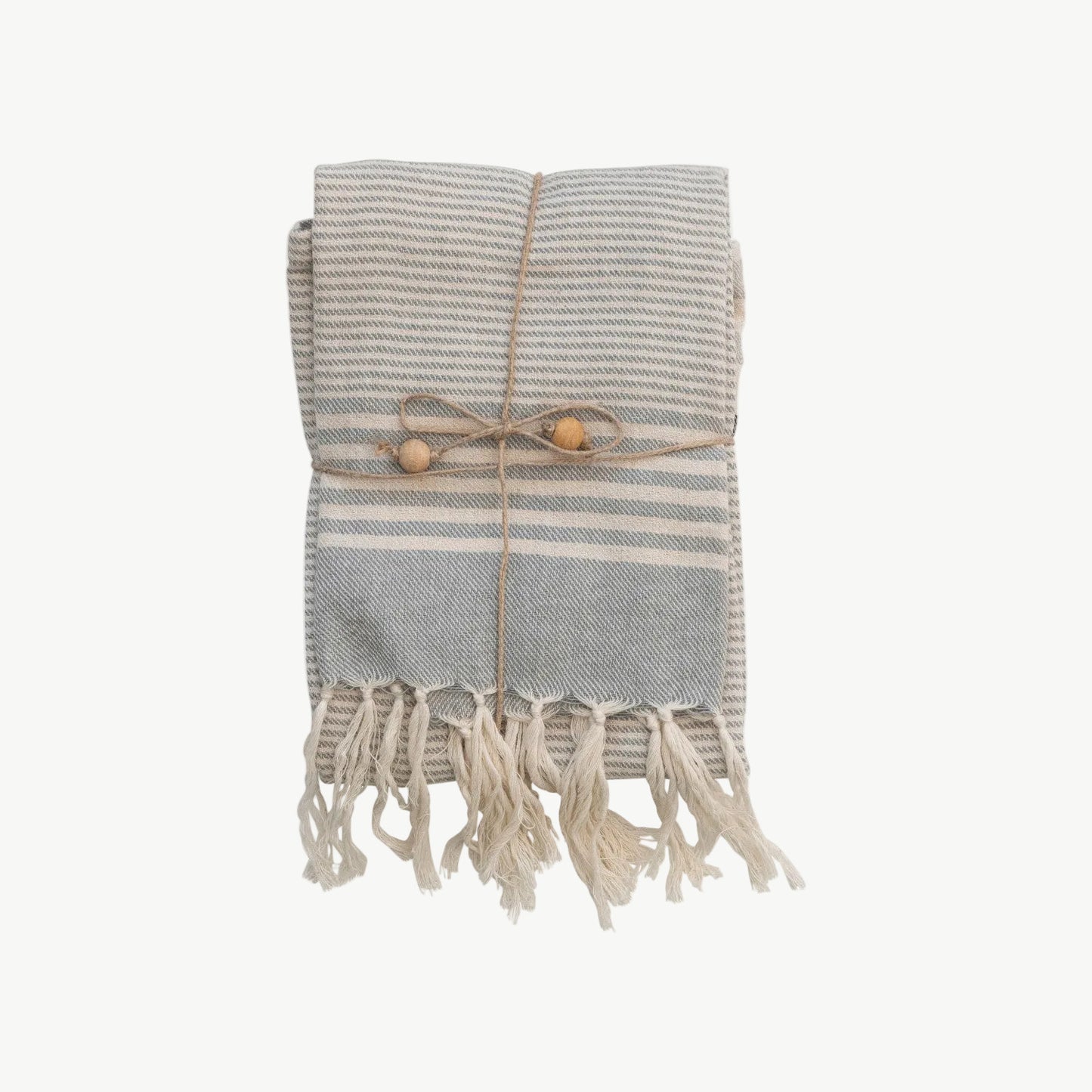 Woven Cotton Tea Towels with Stripes, Jute & Wood Bead Tie