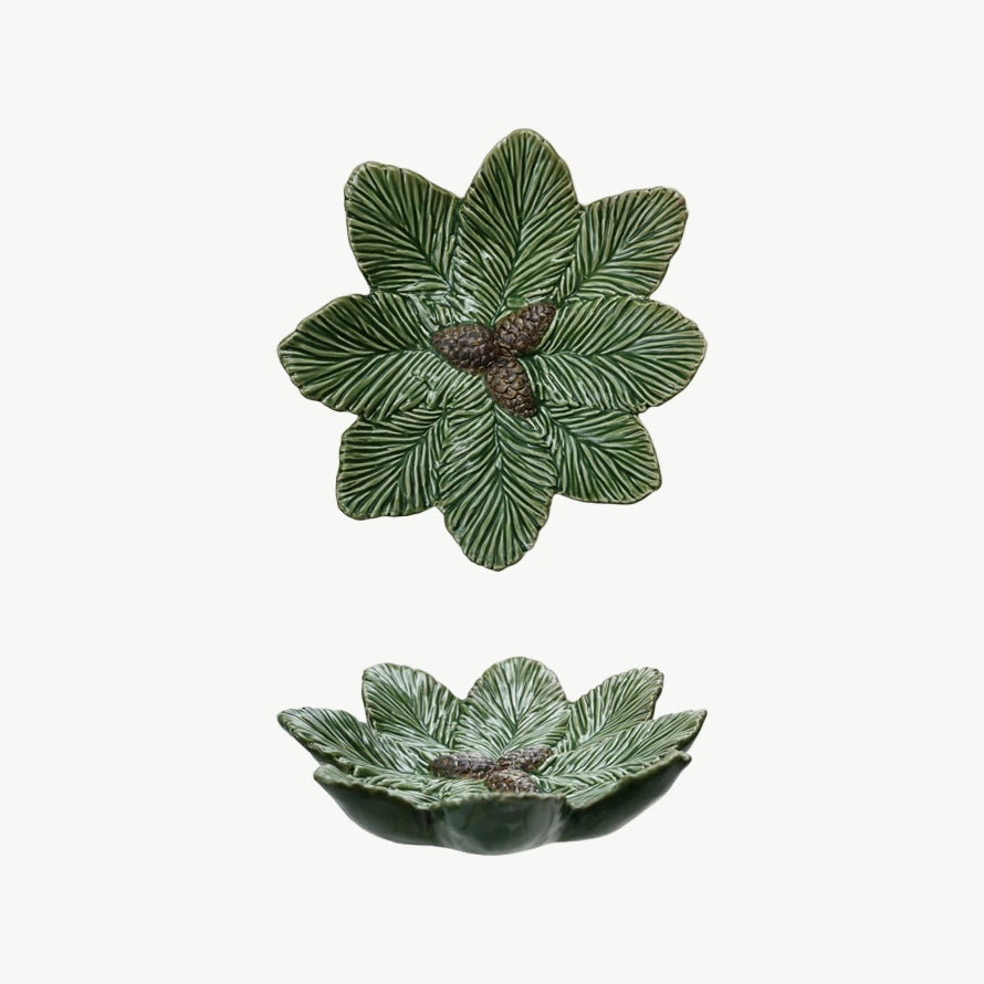 Ceramic Pine Bough Shaped Plate with Pinecones