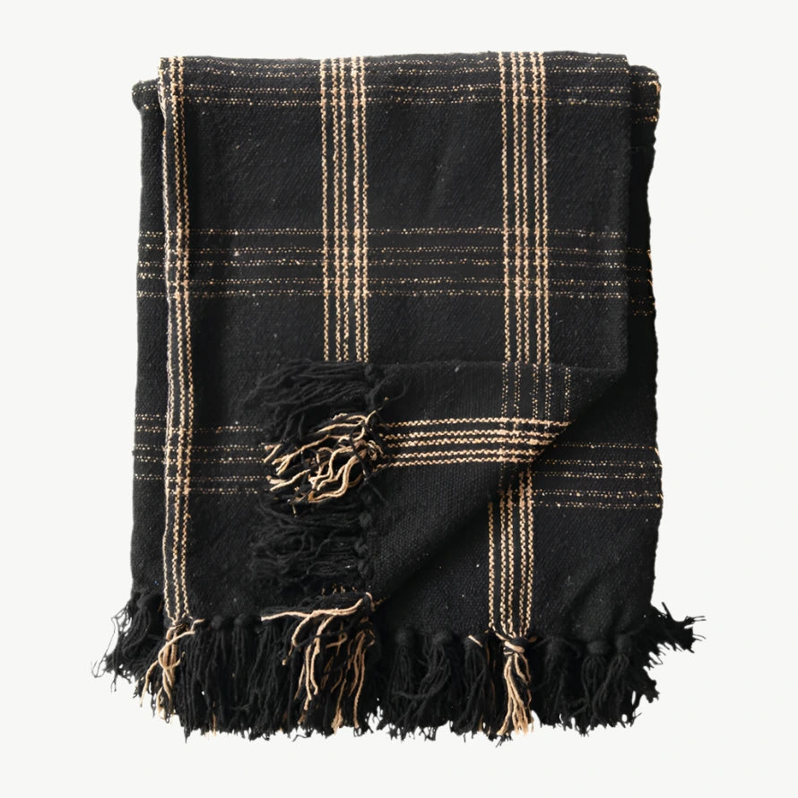 Black Plaid Woven Cotton Throw with Fringe
