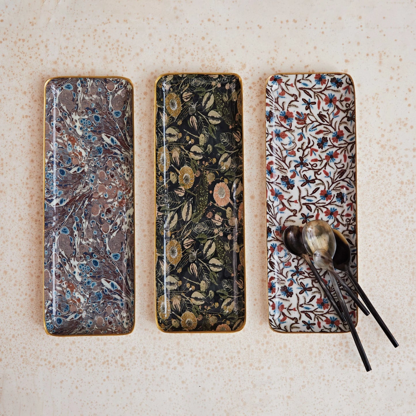 Enameled Metal Tray with Pattern & Gold Rim