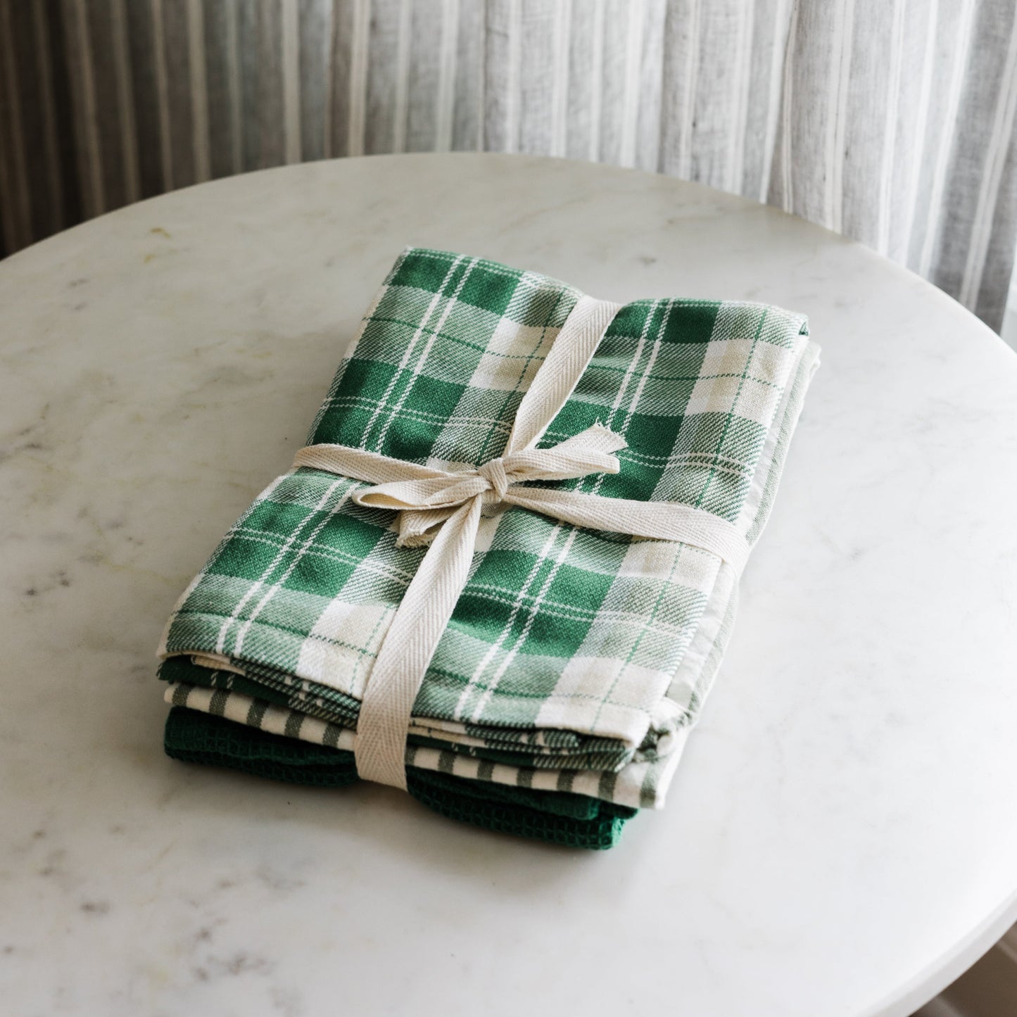Green & White Waffle Weave Tea Towels
