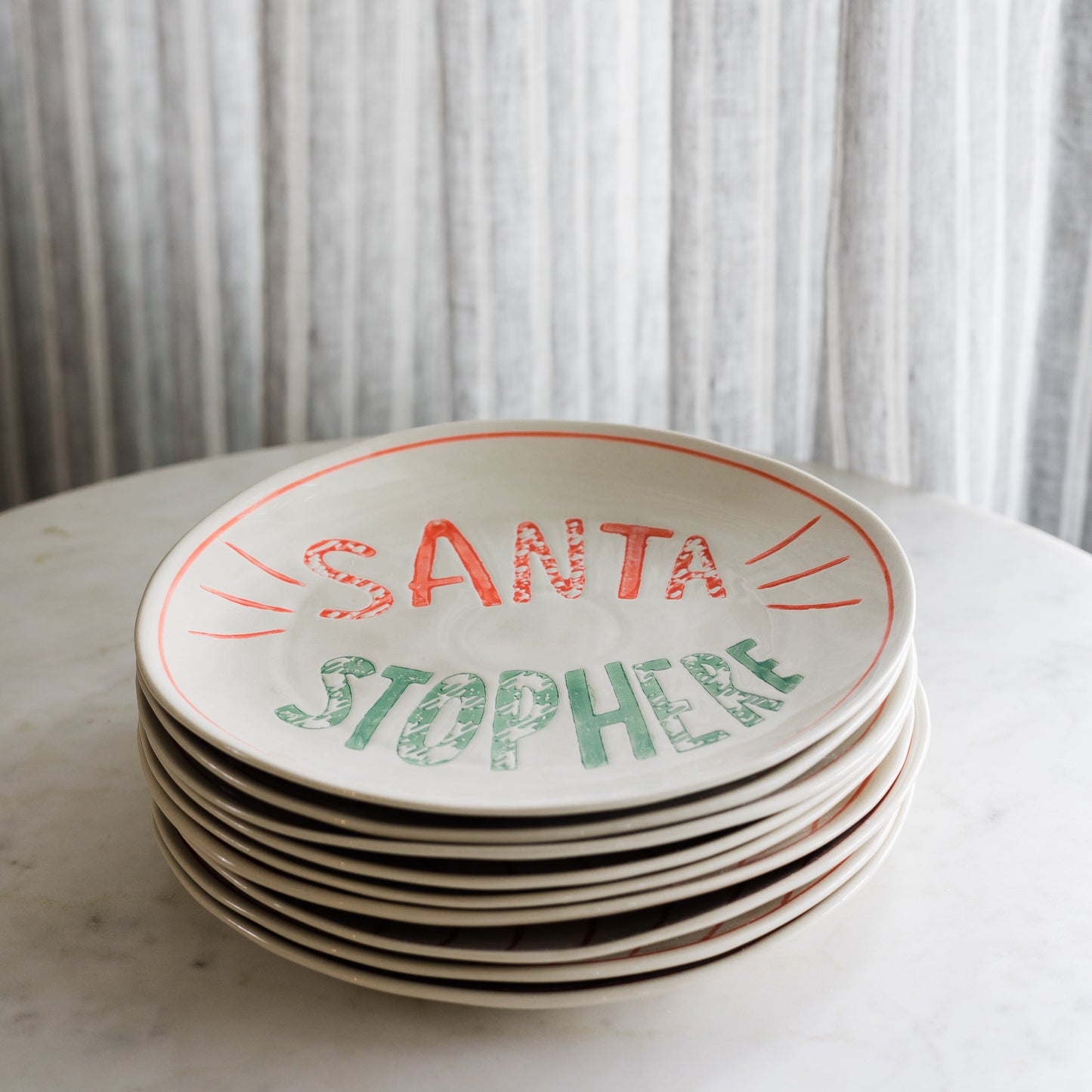 Round Hand-Painted Stoneware Plate "Merry Merry/Santa Stop Here"