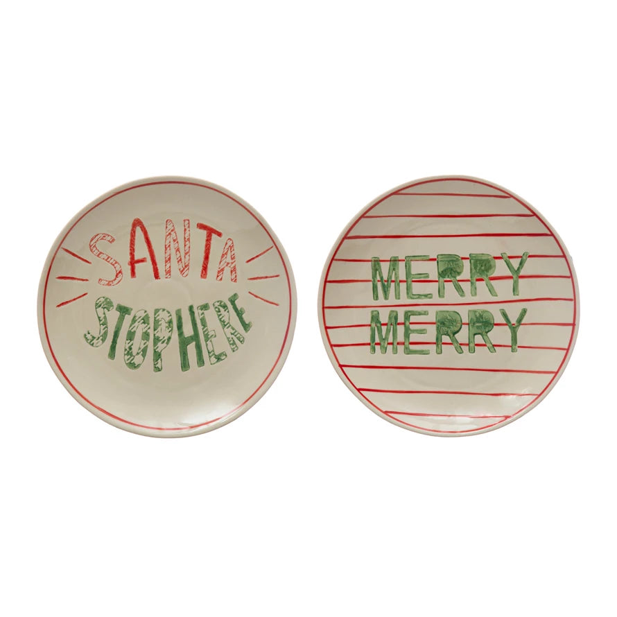 Round Hand-Painted Stoneware Plate "Merry Merry/Santa Stop Here"