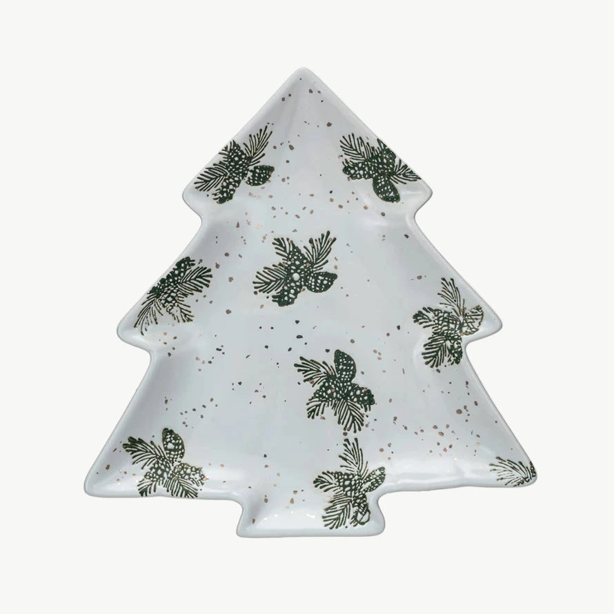 Tree-Shaped Stoneware Plate with Gold Electroplating