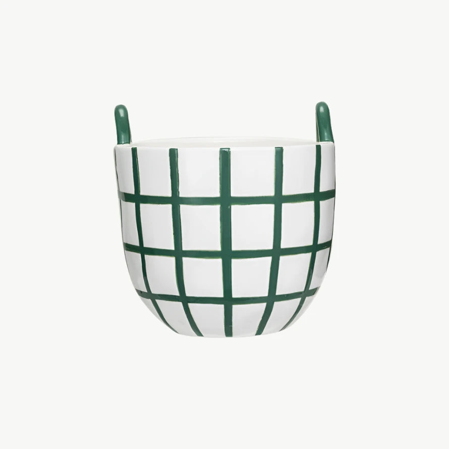 Hand-Painted Stoneware Container with Grid Pattern
