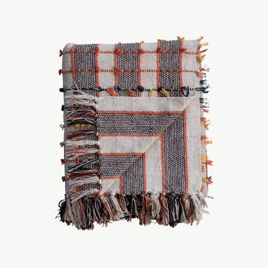 Plaid Multi Color Woven Cotton Throw with Fringe