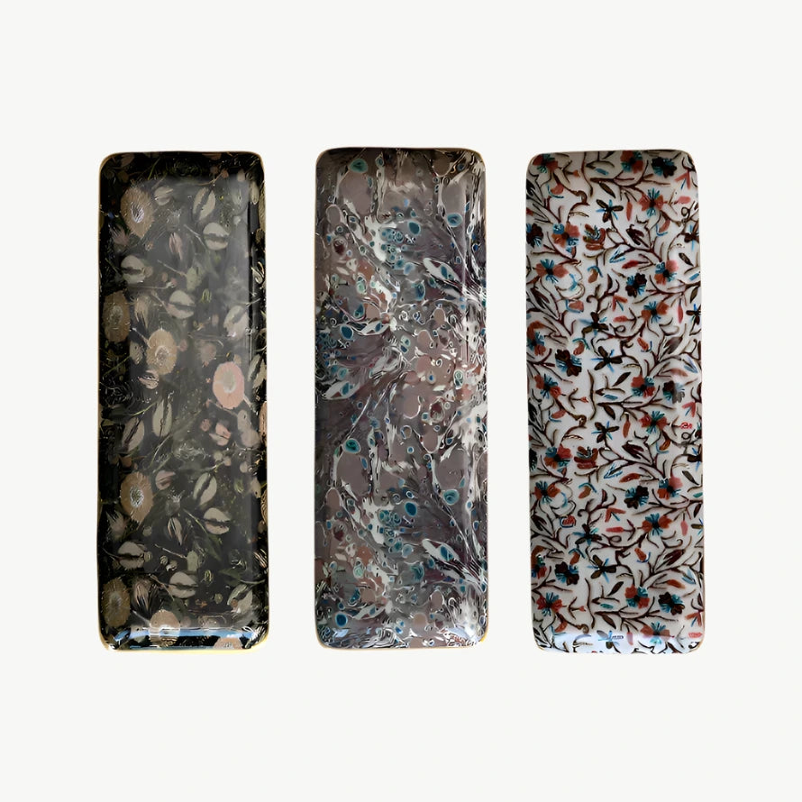 Enameled Metal Tray with Pattern & Gold Rim