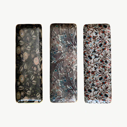 Enameled Metal Tray with Pattern & Gold Rim