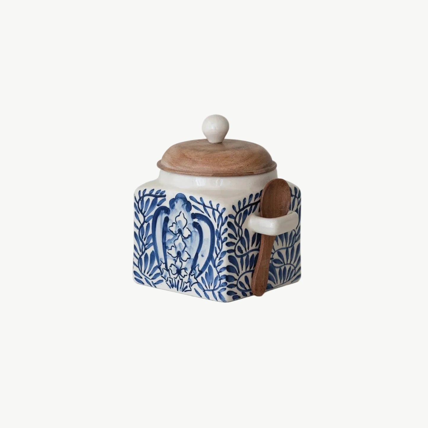 Blue Floral Hand Painted Stoneware Canister with Lid and Spoon