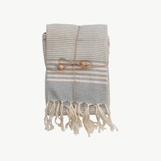Woven Cotton Tea Towels with Stripes, Jute & Wood Bead Tie