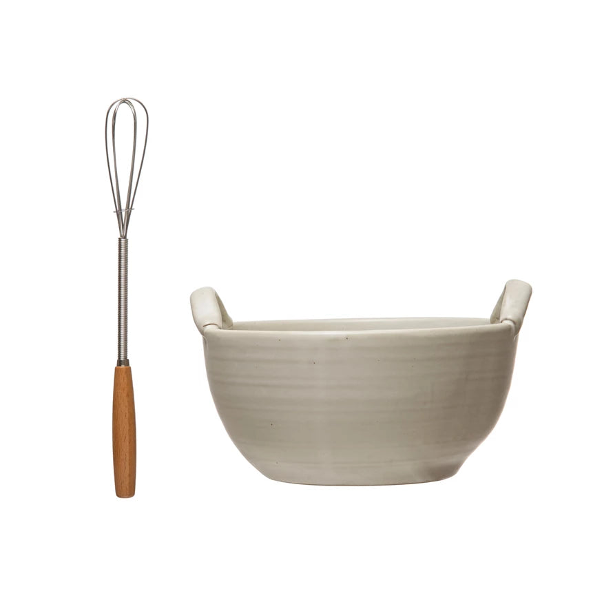 Stoneware Bowl with Wood and Metal Whisk