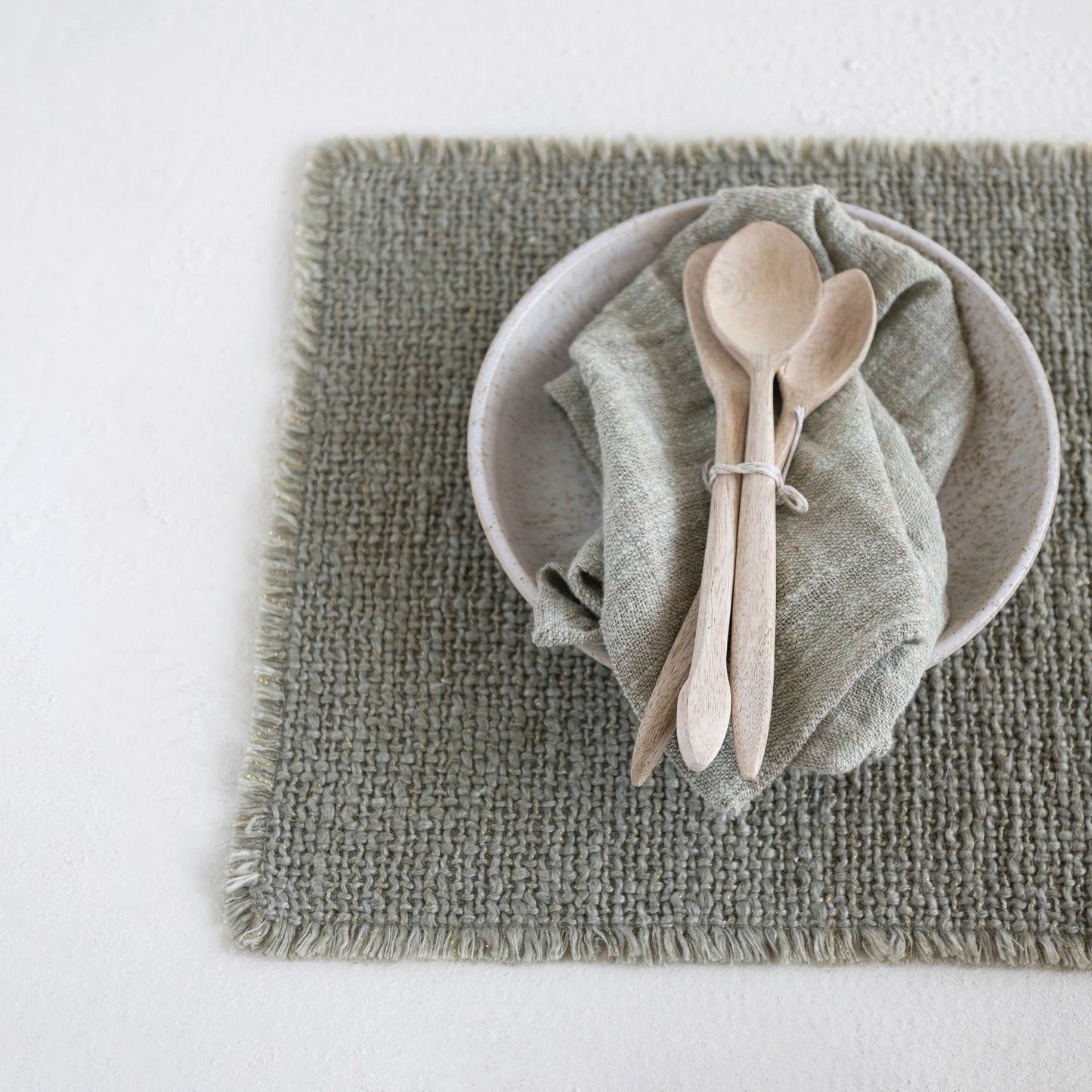 Woven Cotton Blend Placemat with Metallic Thread & Fringe