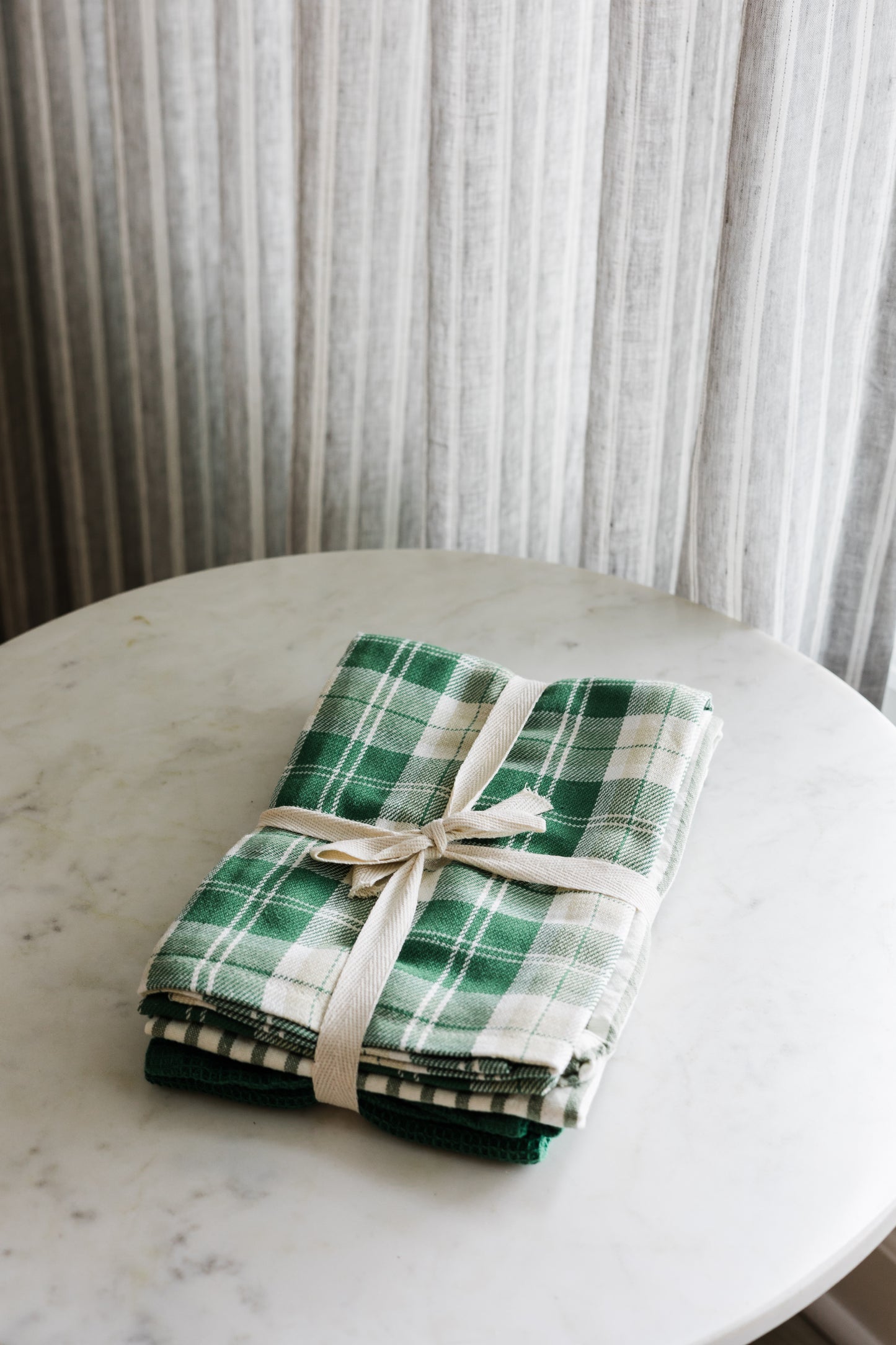 Green & White Waffle Weave Tea Towels