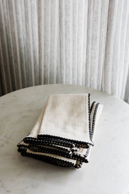 Cotton Napkins w/ Edge Stitching in Natural & Black, Set of 4