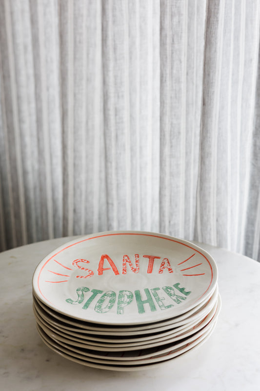 Round Hand-Painted Stoneware Plate "Merry Merry/Santa Stop Here"