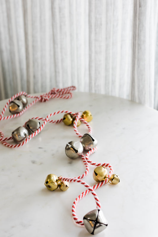 Metal Bell Garland w/ Red & White Cord, Silver & Gold Finish