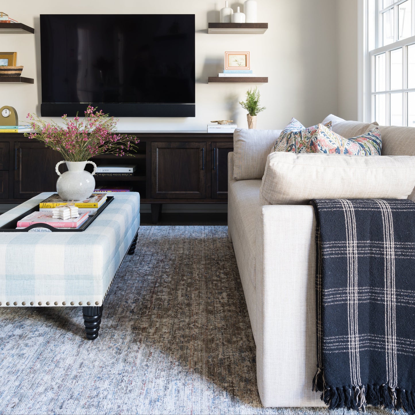 Black Plaid Woven Cotton Throw with Fringe