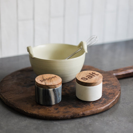 Stoneware Bowl with Wood and Metal Whisk