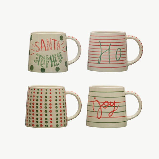 Hand-Painted Stoneware Mug with Holiday Words & Patterns — Red & Green, 4 Styles