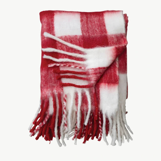 Woven Acrylic Throw with Fringe – Red & White Plaid