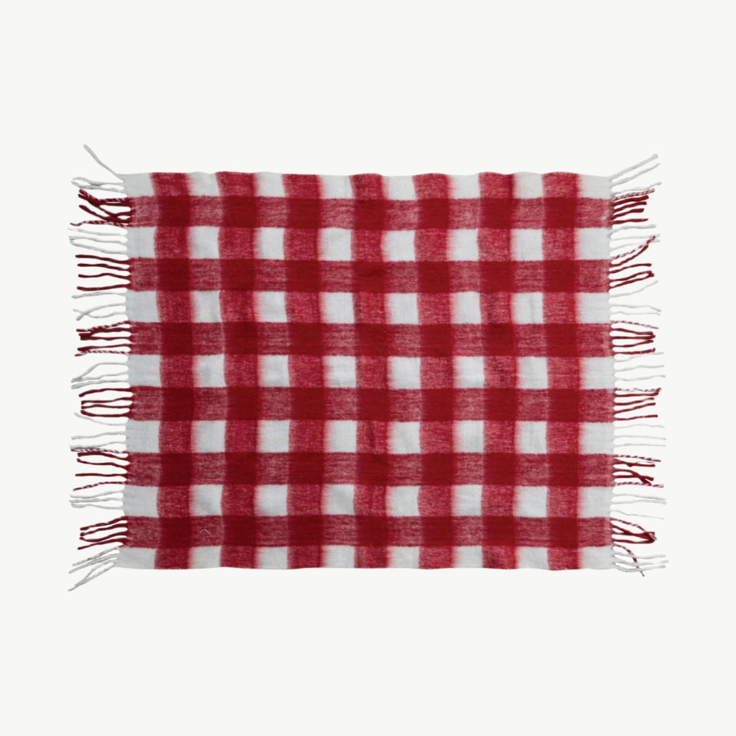 Woven Acrylic Throw with Fringe – Red & White Plaid