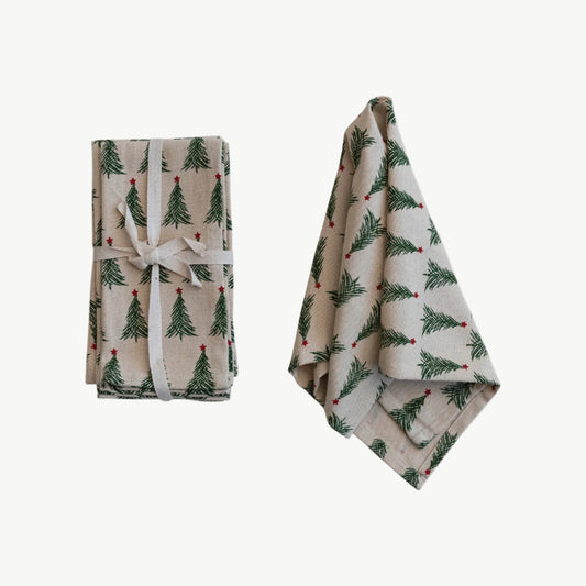 Stonewashed Cotton Printed Napkins w/ Christmas Tree Pattern, Set of 4