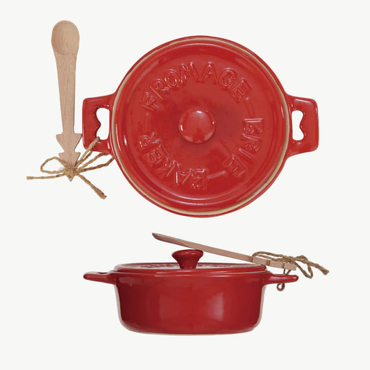 Stoneware Brie Baker with Tree-Shaped Wood Spoon