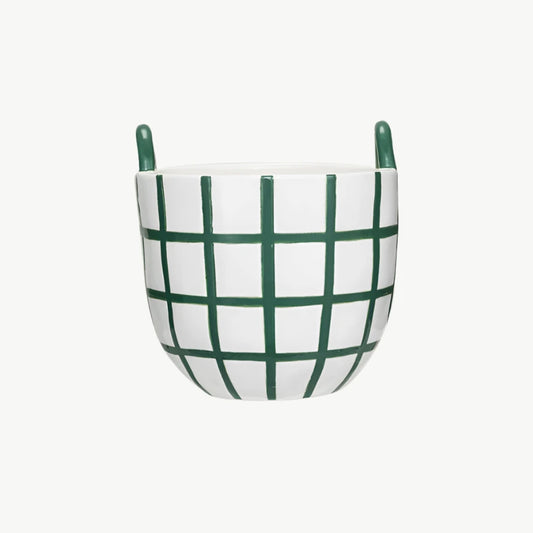 Hand-Painted Stoneware Container with Grid Pattern