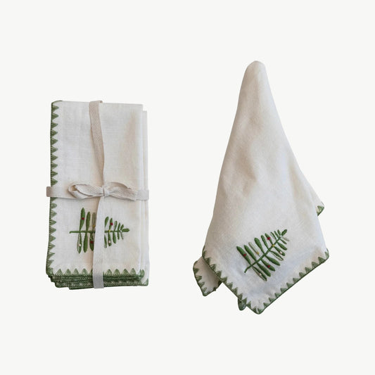 Cotton Napkins w/ Embroidered Tree & Edge, Natural & Green, Set of 4